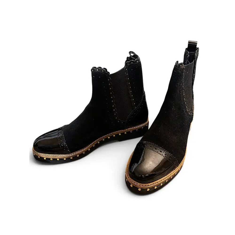 Free People Black Suede Chelsea Ankle Boots | Patent Cap Toe | Size W 41 (US 10)